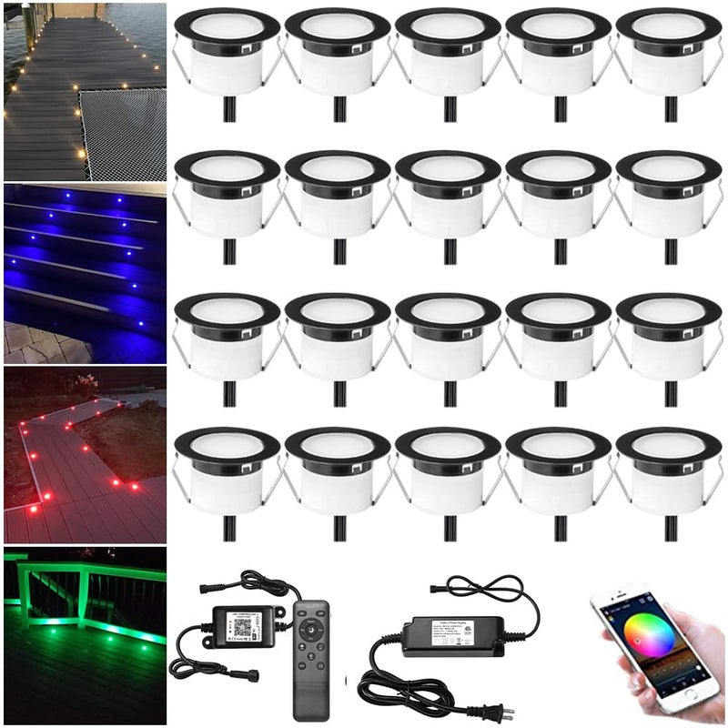 Sumaote LED Deck Light Kit, 20pcs Î¦1.77 WiFi Wireless Smart Phone Control Low Voltage Recessed RGBW Deck Lights with Remote, Voice Control, IP67 Waterproof Outdoor Path Stair Landscape Lighting, Black - Image 1